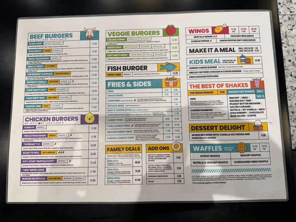 Menu, Burger Road - Brighton