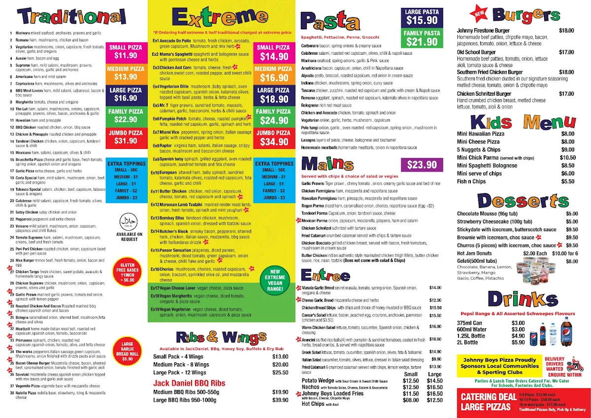Menu, Johnny Boys Pizza and Pasta - Frankston