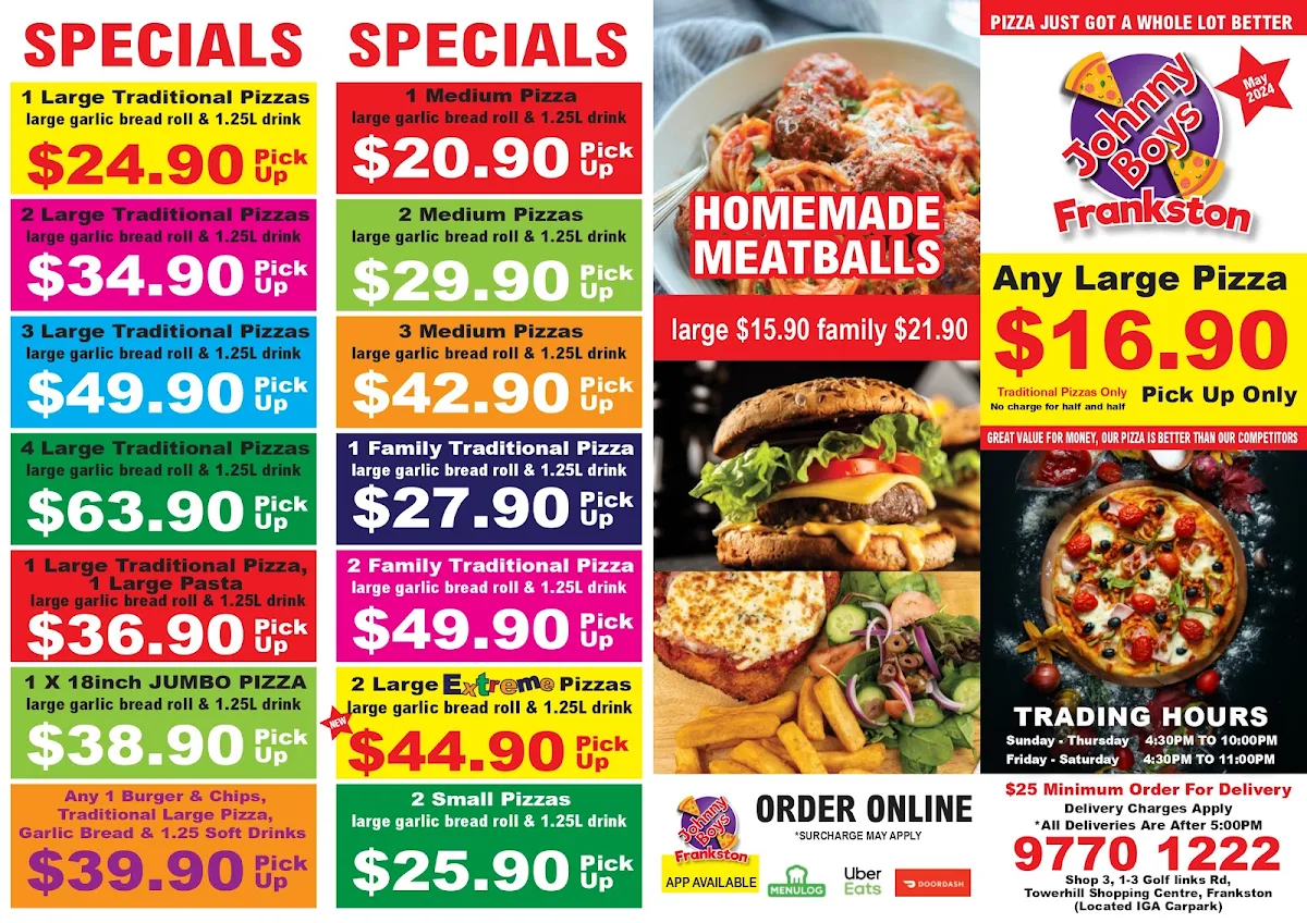 Menu, Johnny Boys Pizza and Pasta - Frankston
