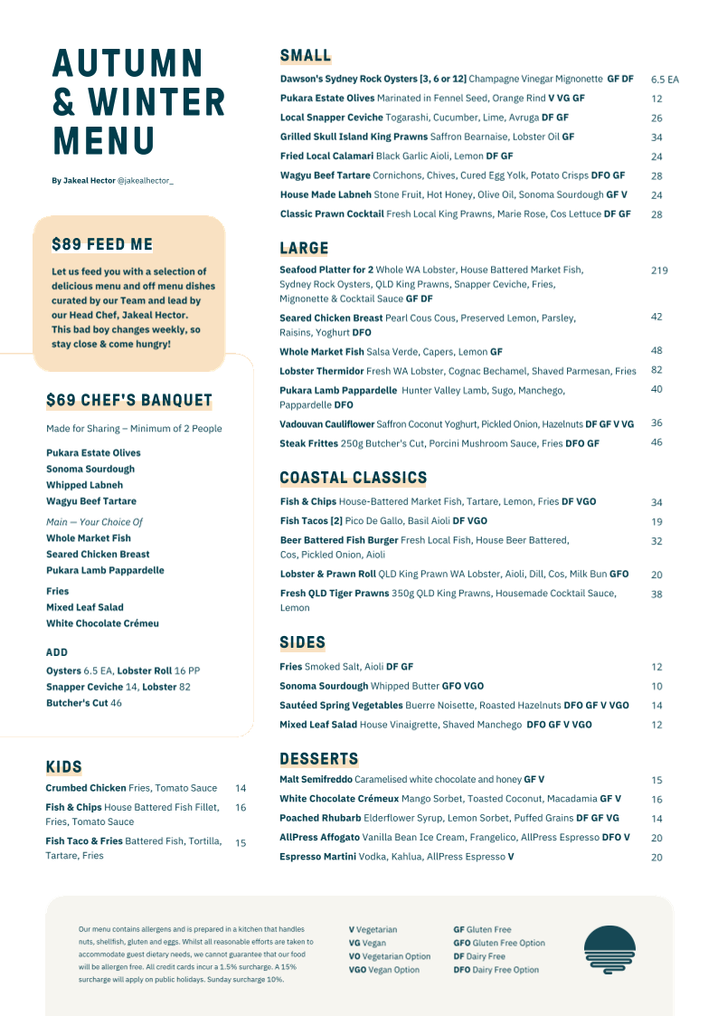Menu, TINTA Belmont