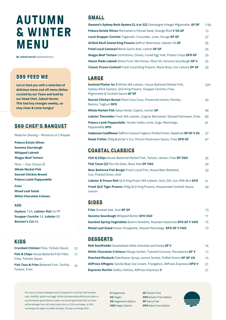 Menu, TINTA Belmont