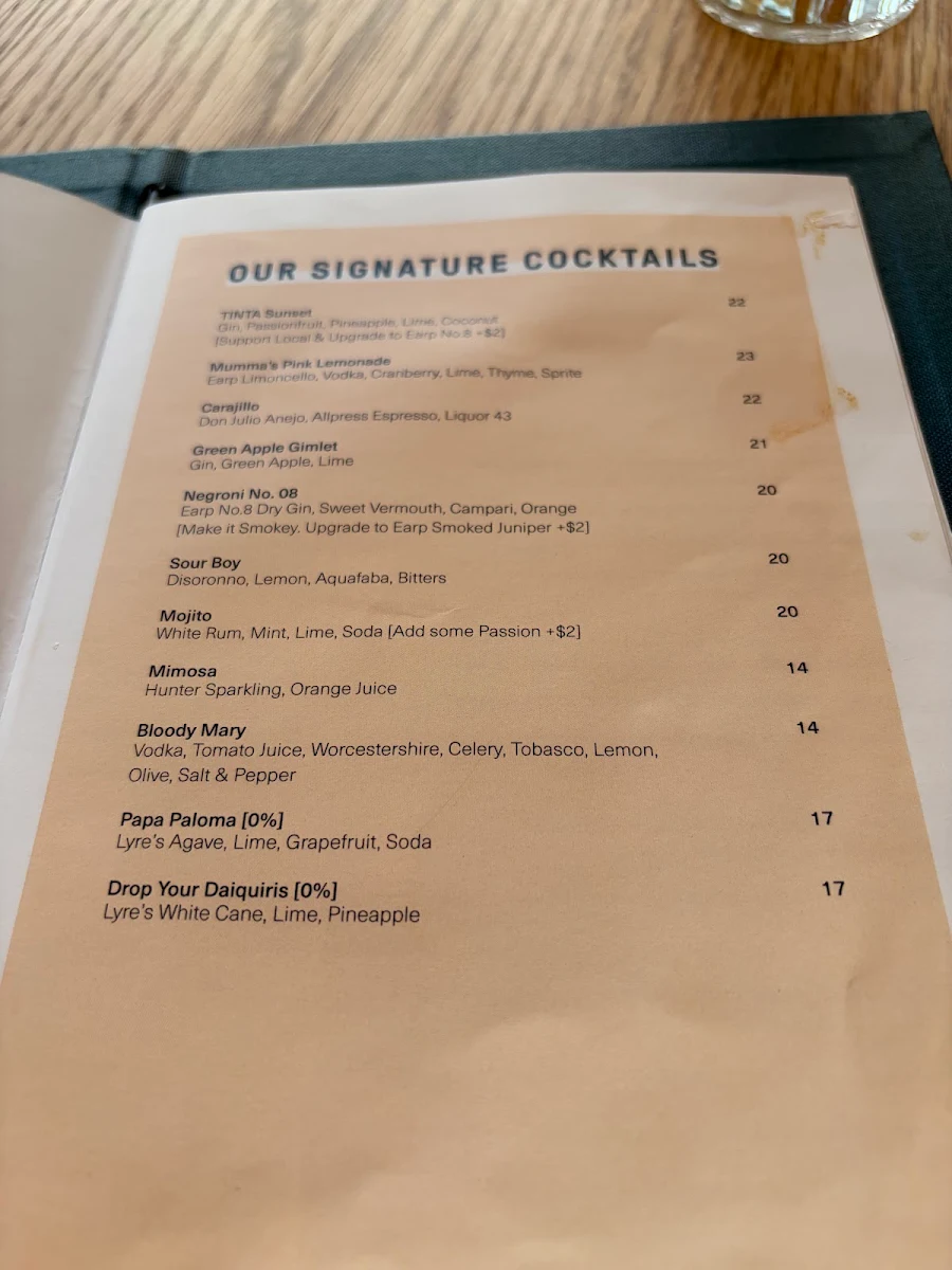 Menu, TINTA Belmont