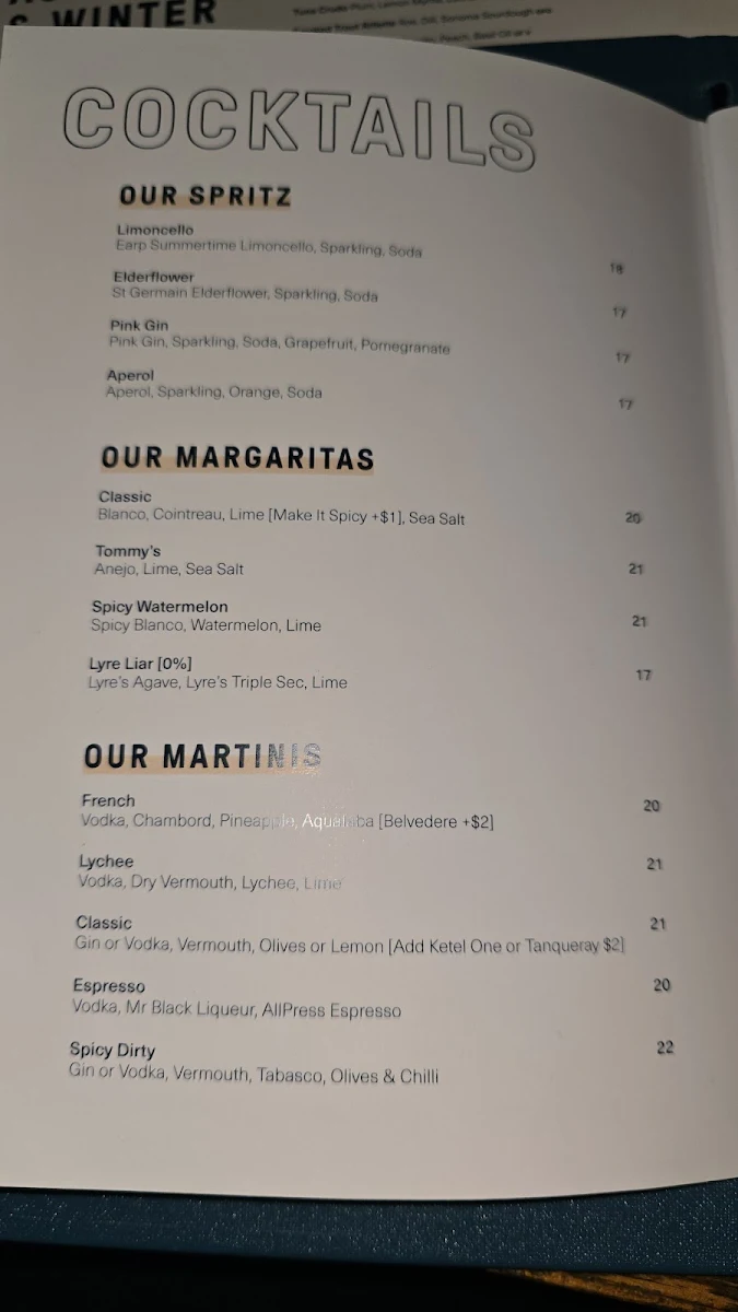 Menu, TINTA Belmont