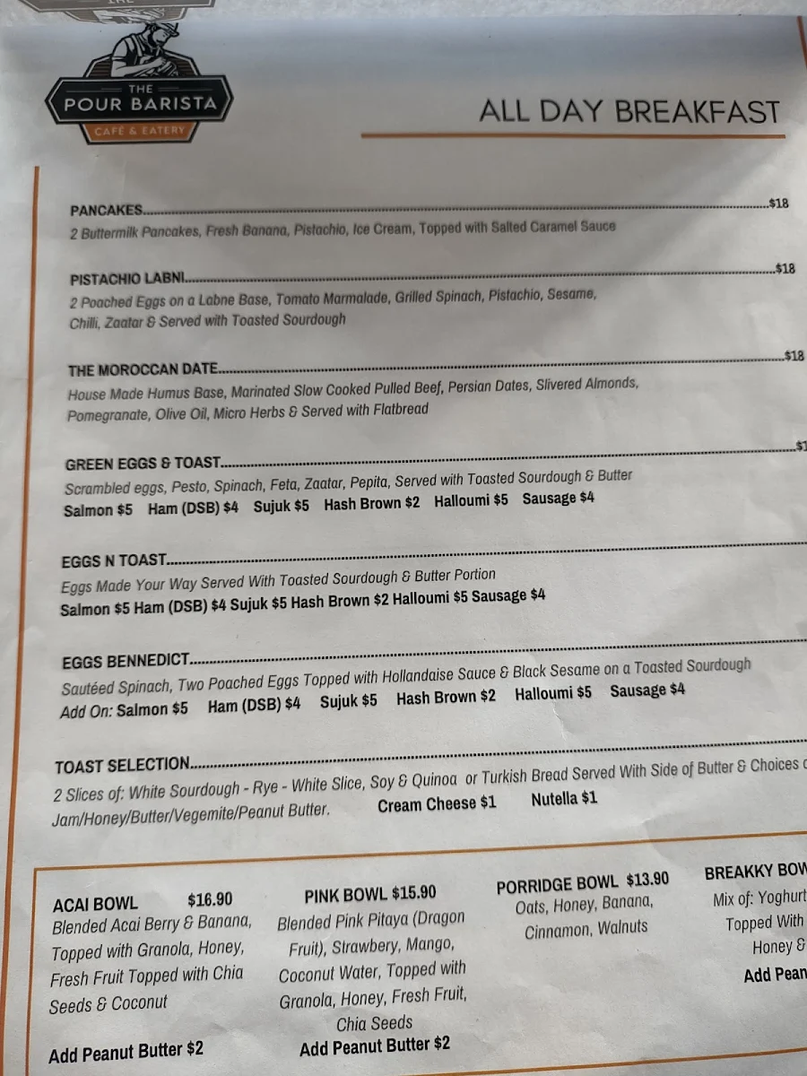 Menu, The Pour Barista Cafe Marrickville