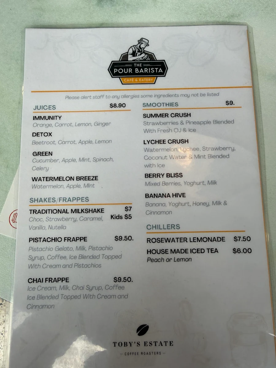 Menu, The Pour Barista Cafe Marrickville
