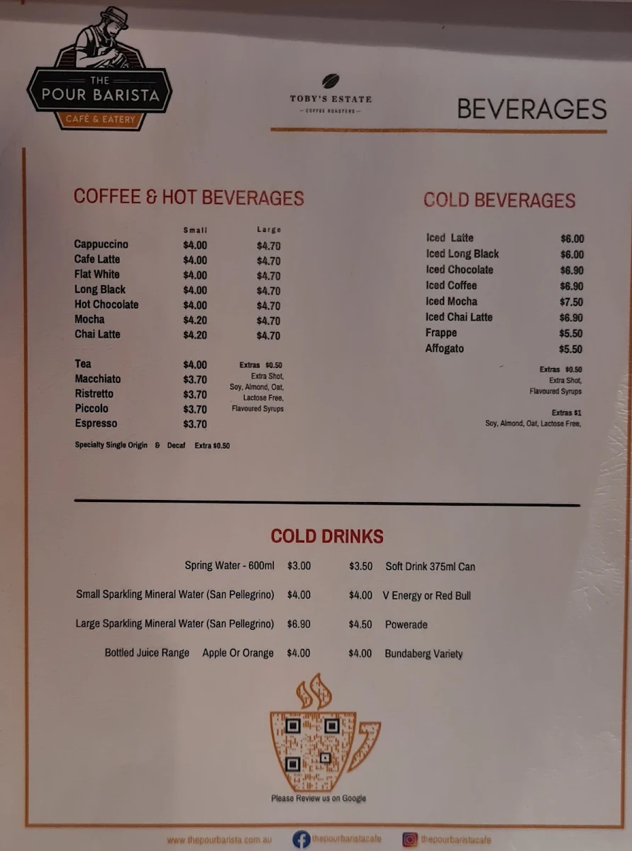 Menu, The Pour Barista Cafe Marrickville