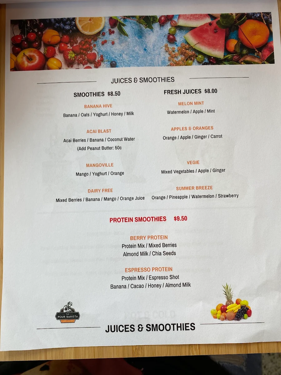 Menu, The Pour Barista Cafe Marrickville