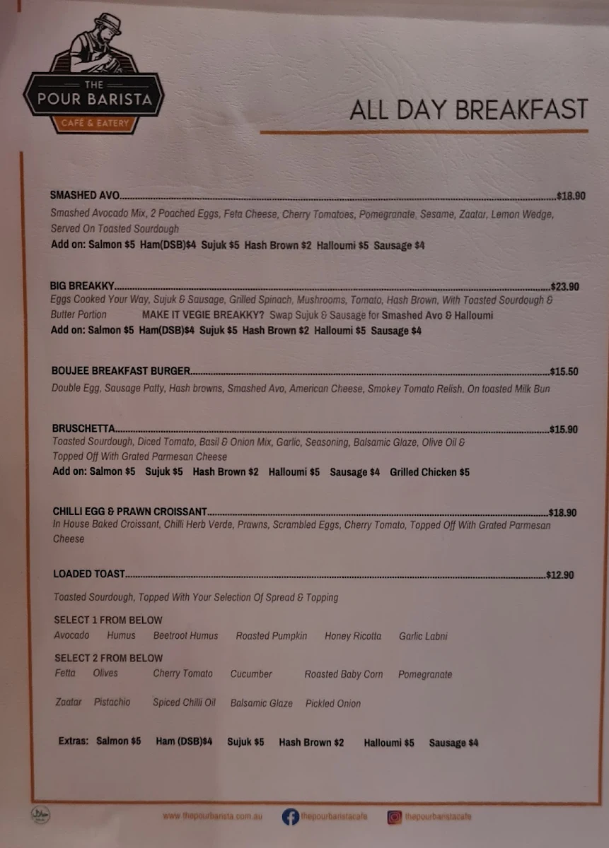 Menu, The Pour Barista Cafe Marrickville