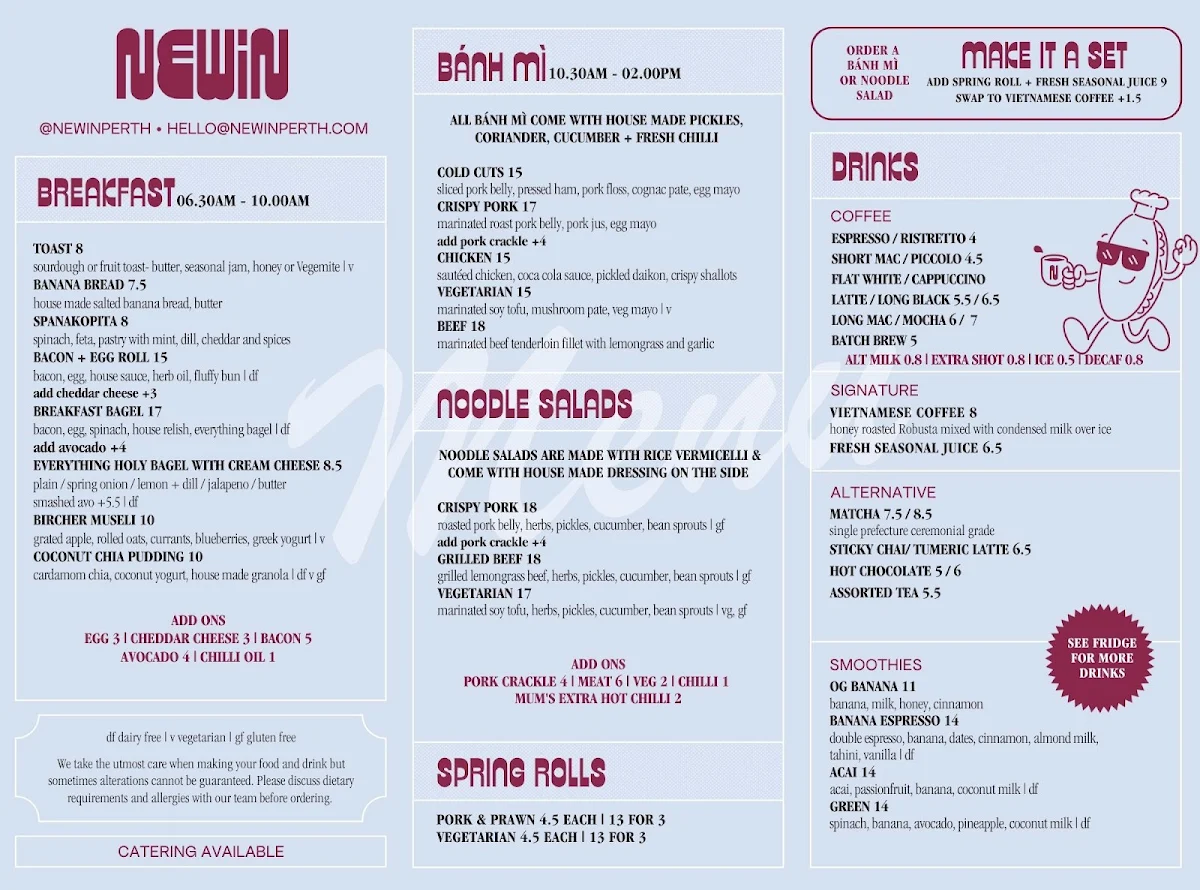 Menu, Newin Banh Mi and Coffee Bar