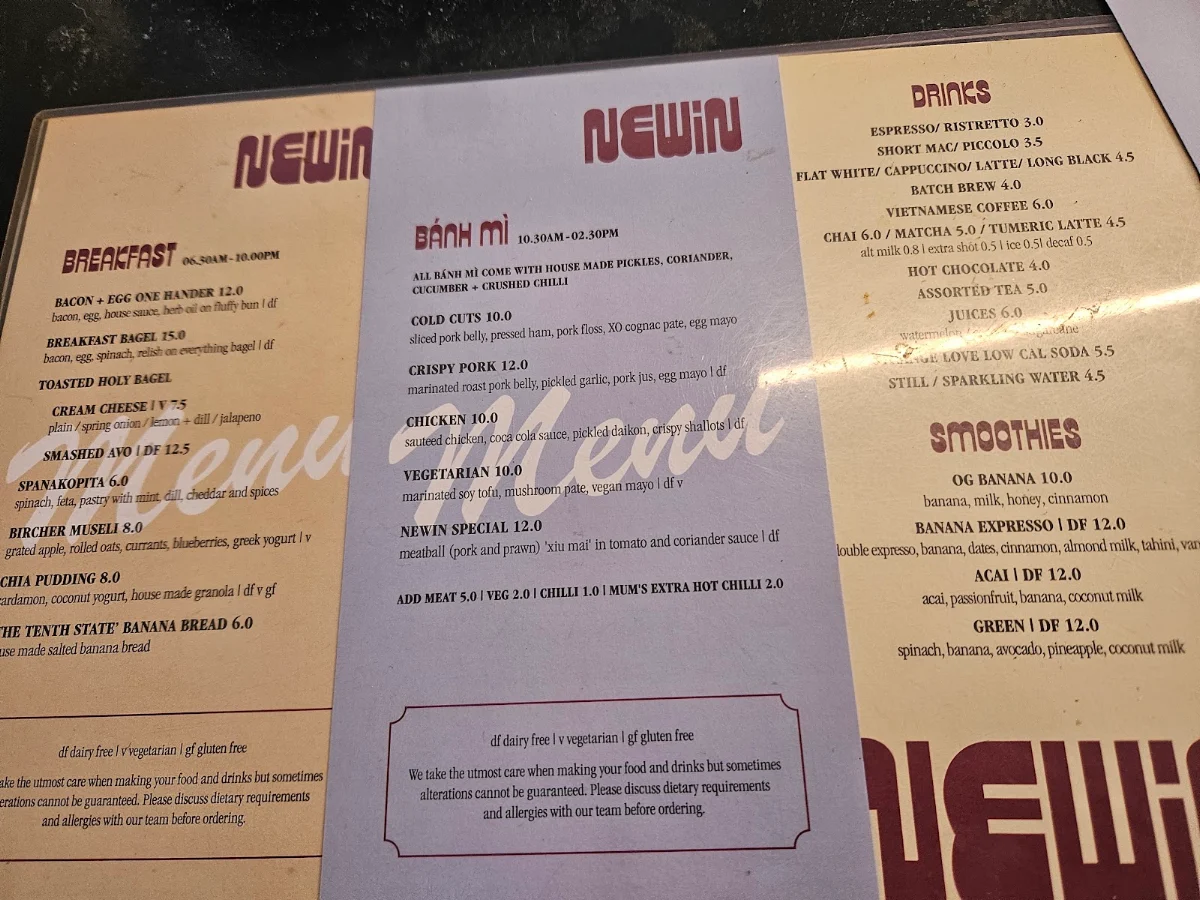 Menu, Newin Banh Mi and Coffee Bar