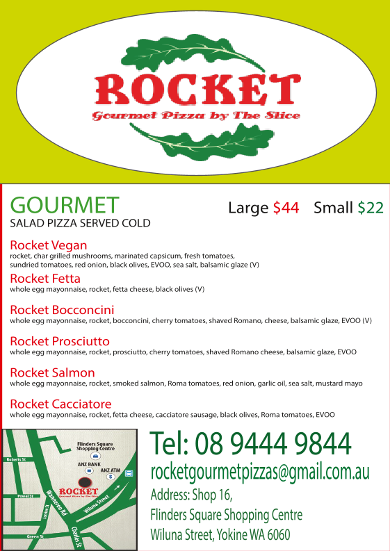 Menu, Rocket Gourmet Pizza by the Slice