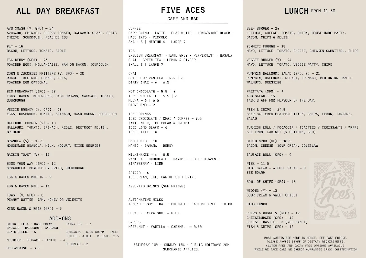 Menu, Five Aces Cafe and Bar