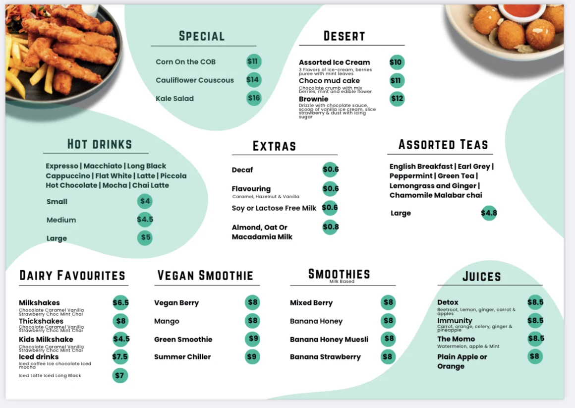 Menu, Cafe Momo