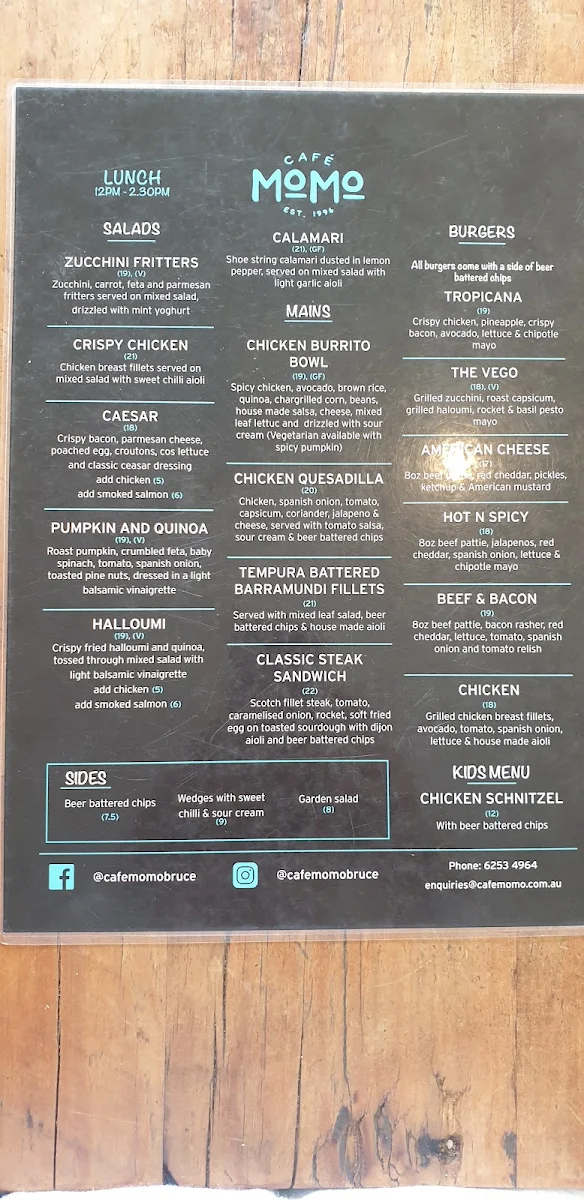 Menu, Cafe Momo