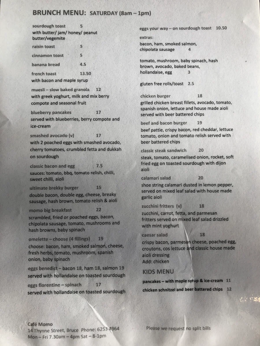 Menu, Cafe Momo