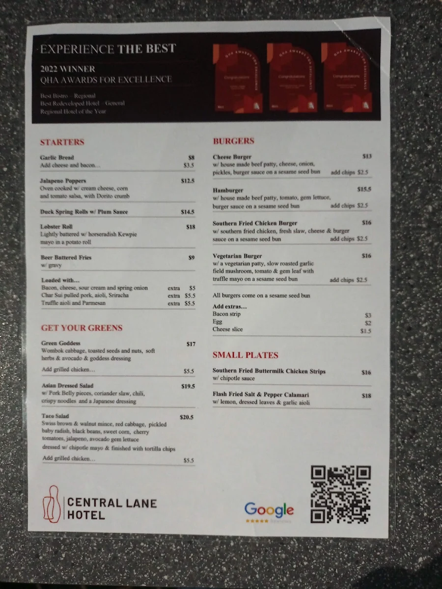 Menu, Central Lane Hotel