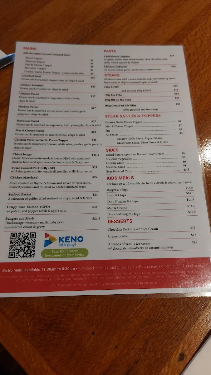 Menu, Central Lane Hotel