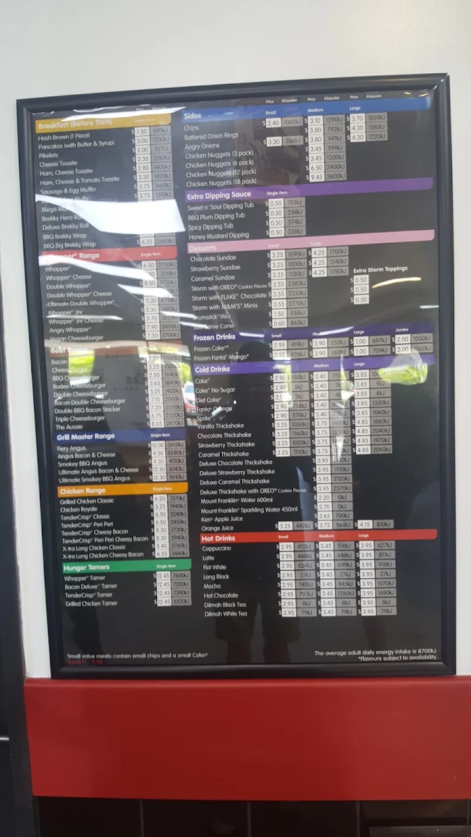 Menu, Hungry Jack's Burgers Tuggerah