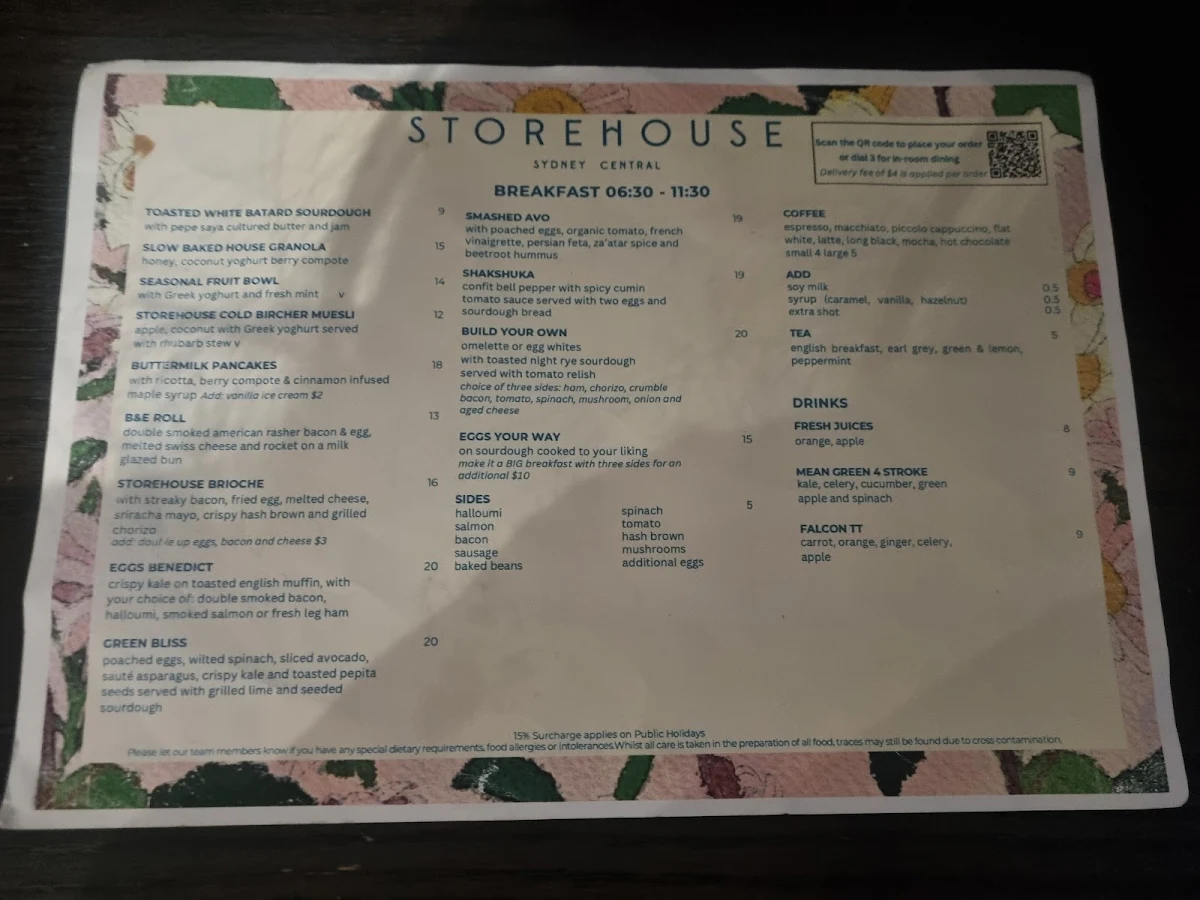 Menu, Storehouse Sydney Central Cafe and Bar
