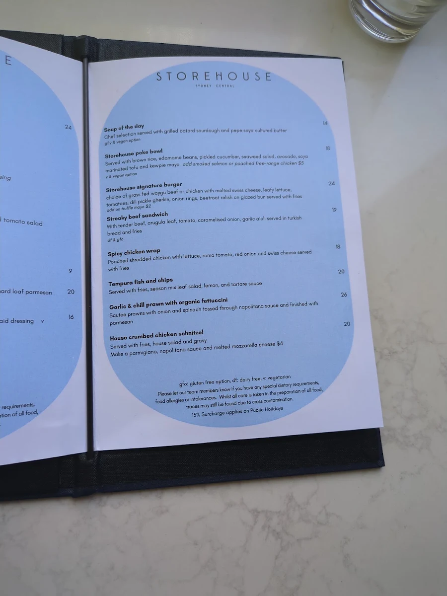 Menu, Storehouse Sydney Central Cafe and Bar