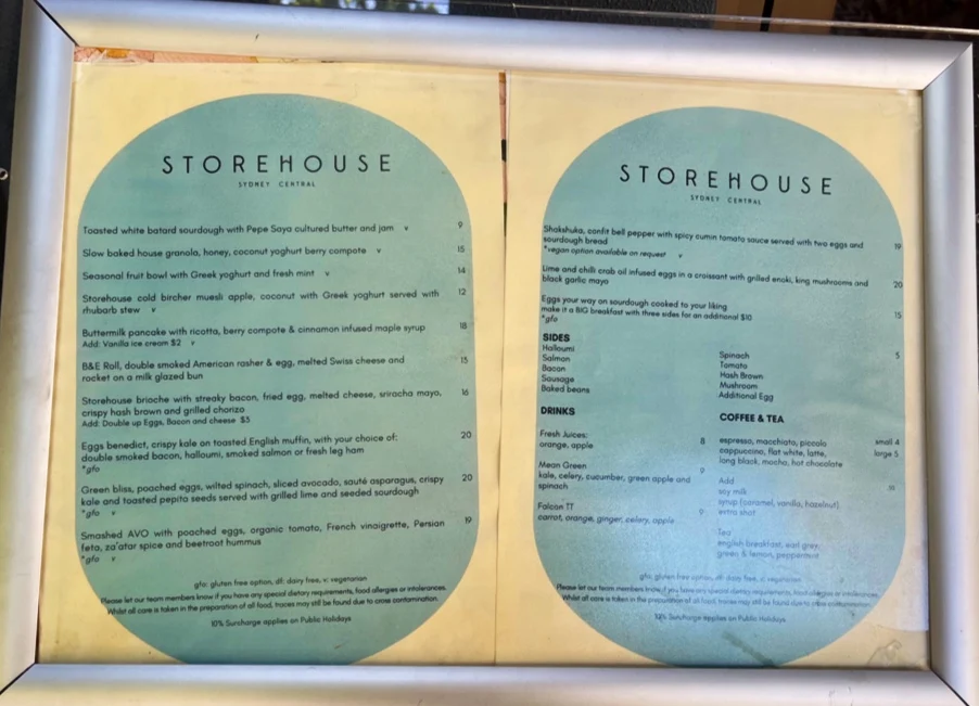Menu, Storehouse Sydney Central Cafe and Bar