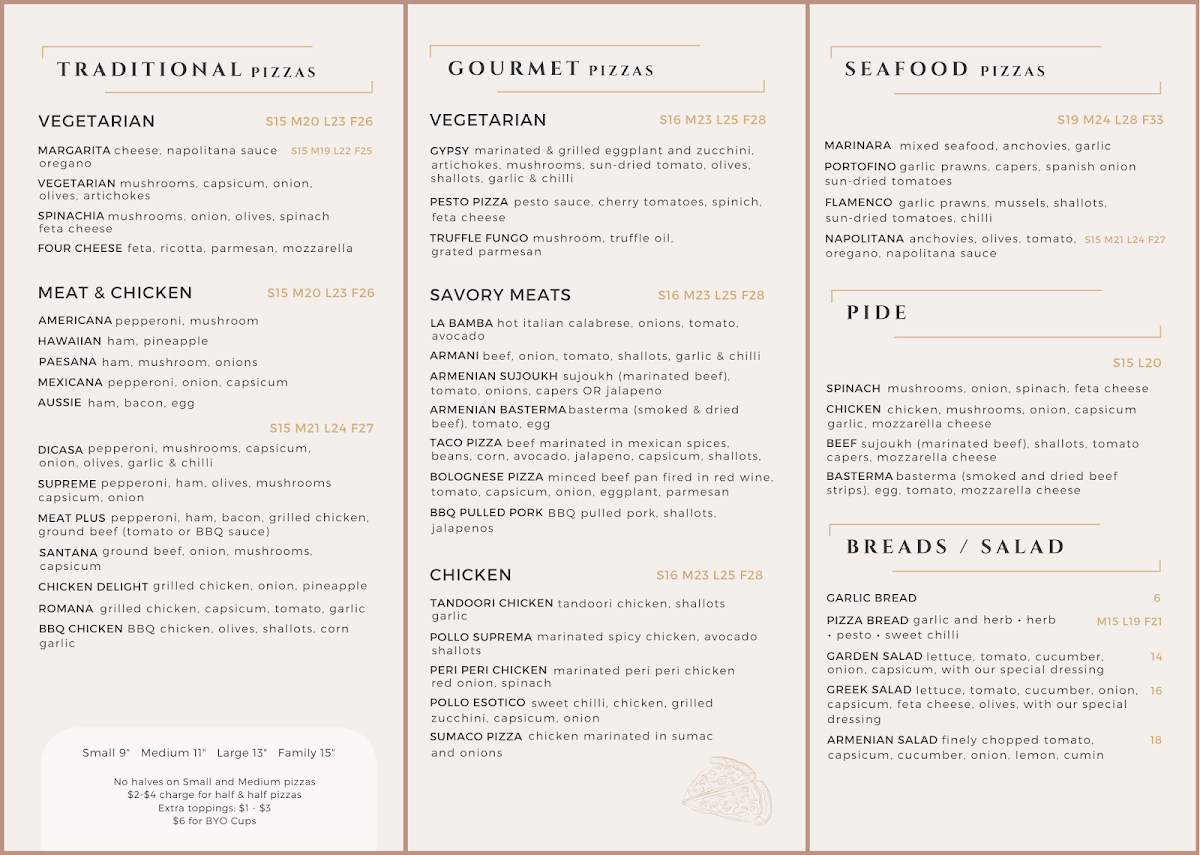 Menu, Zodiac Pizza