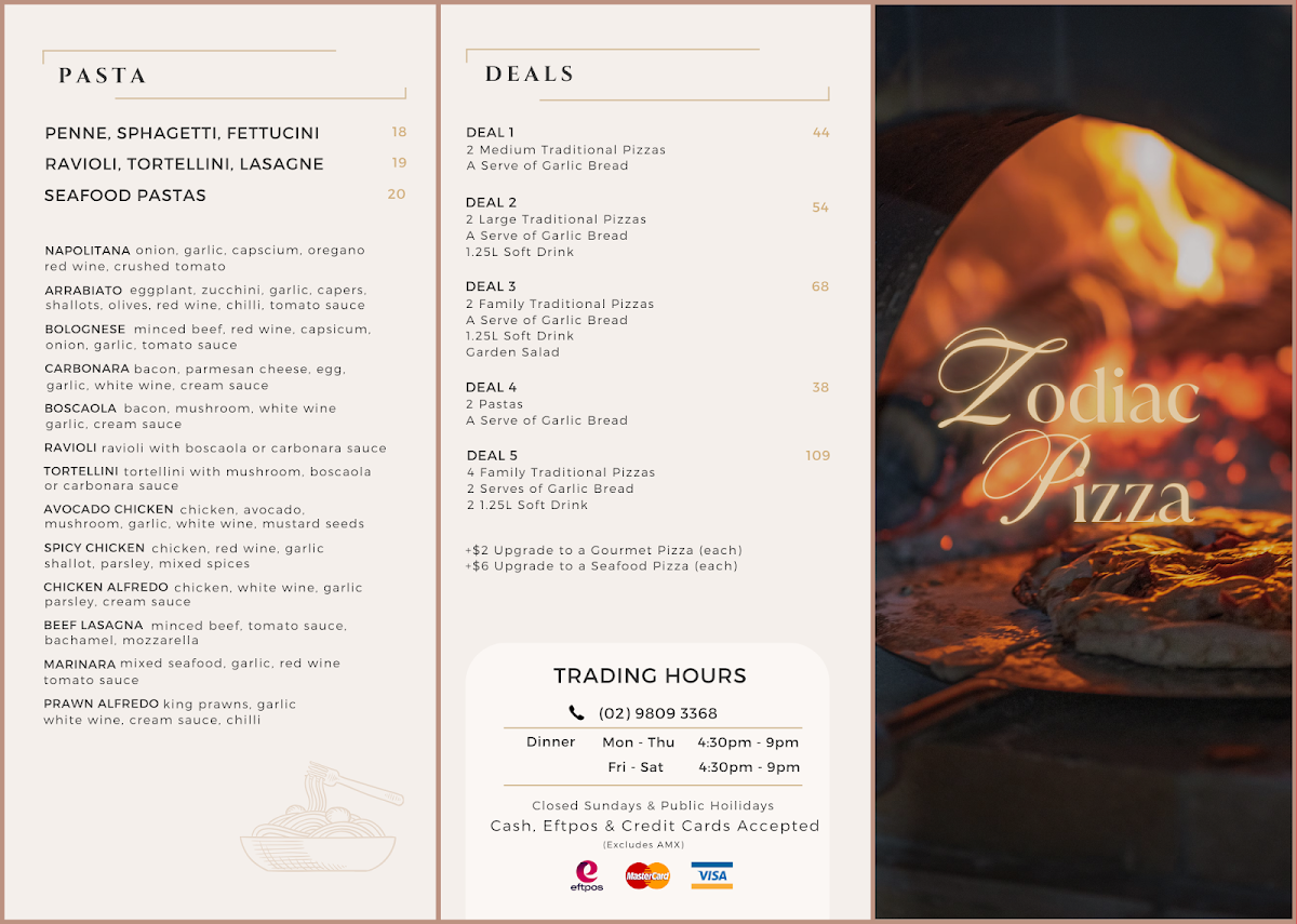 Menu, Zodiac Pizza