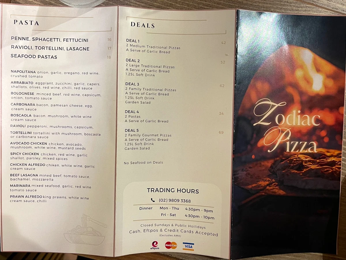 Menu, Zodiac Pizza