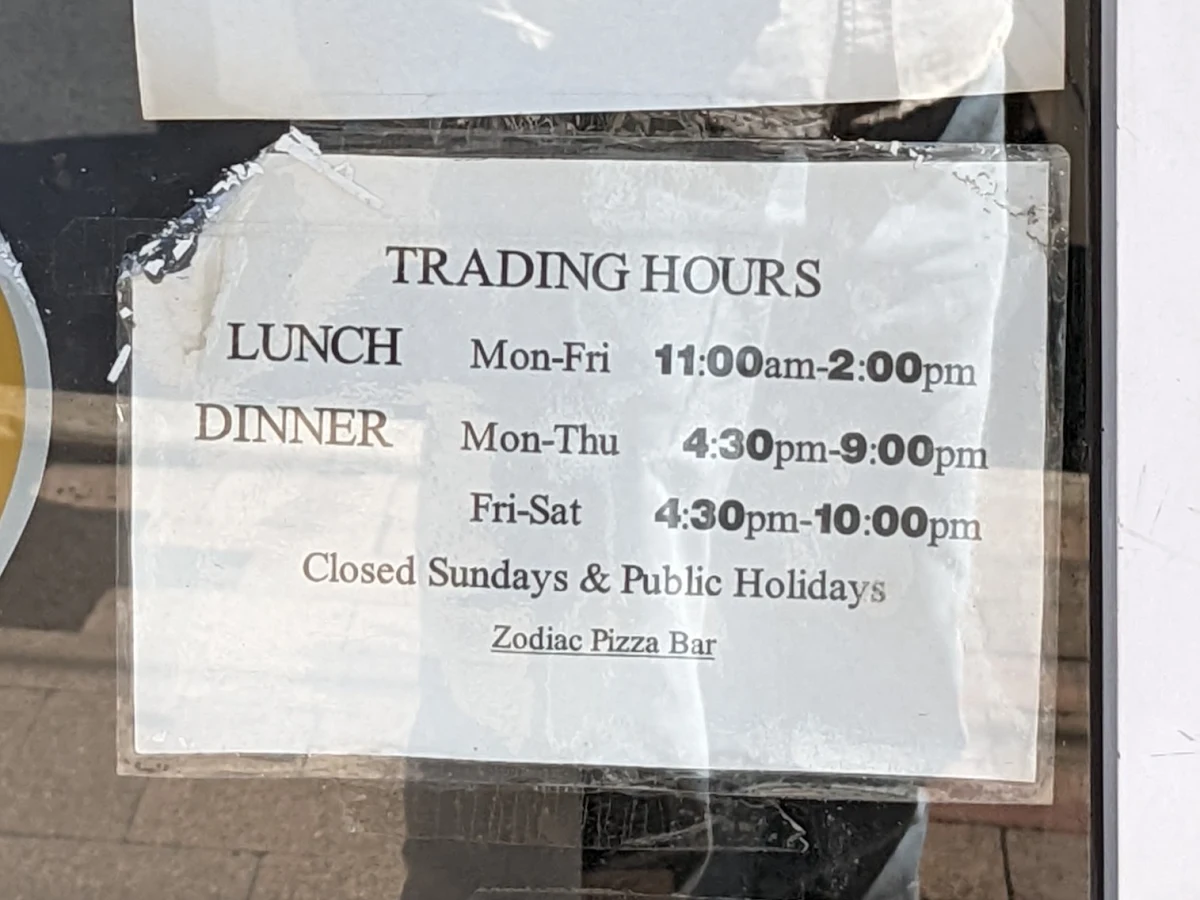 Menu, Zodiac Pizza