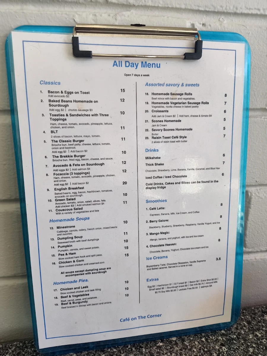 Menu, Cafe on the Corner