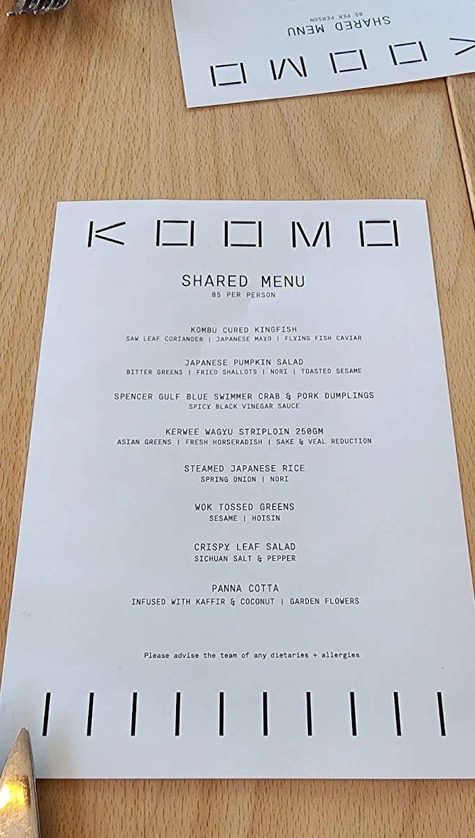 Menu, KOOMO Restaurant & Bar