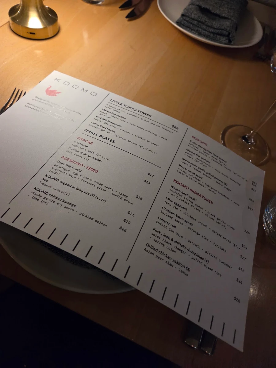 Menu, KOOMO Restaurant & Bar