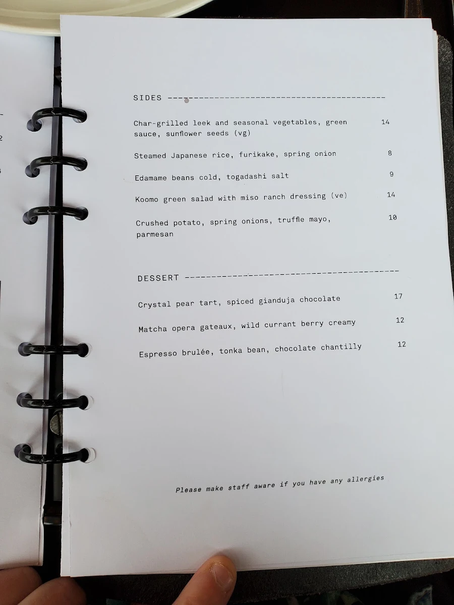 Menu, KOOMO Restaurant & Bar