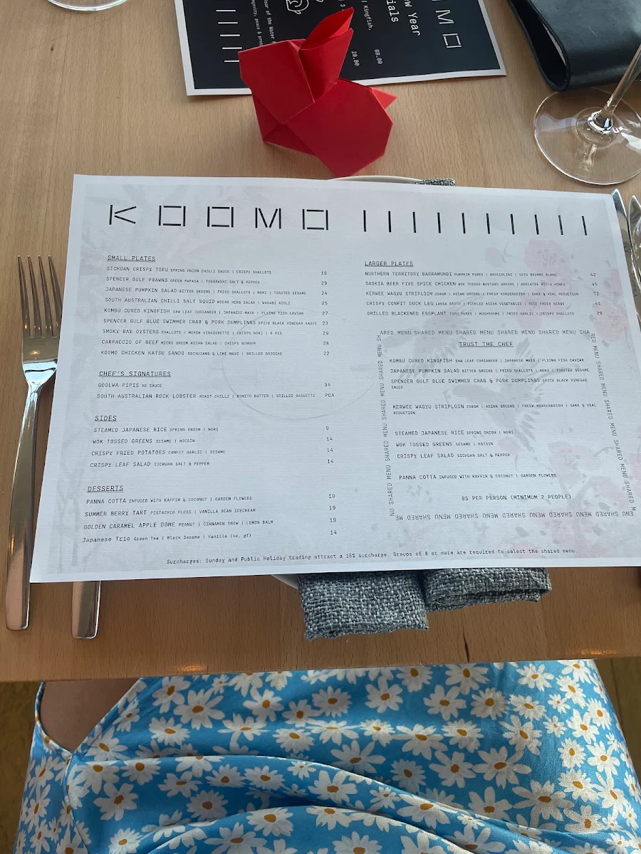 Menu, KOOMO Restaurant & Bar