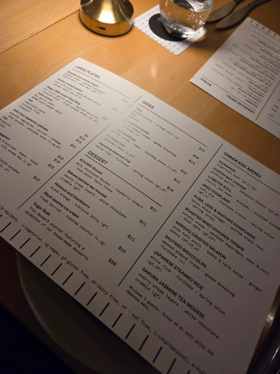 Menu, KOOMO Restaurant & Bar
