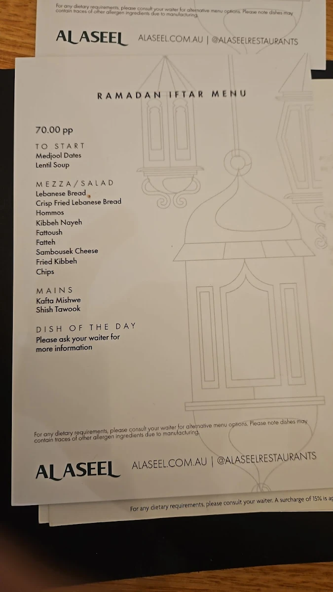 Menu, Al Aseel Restaurant Parramatta