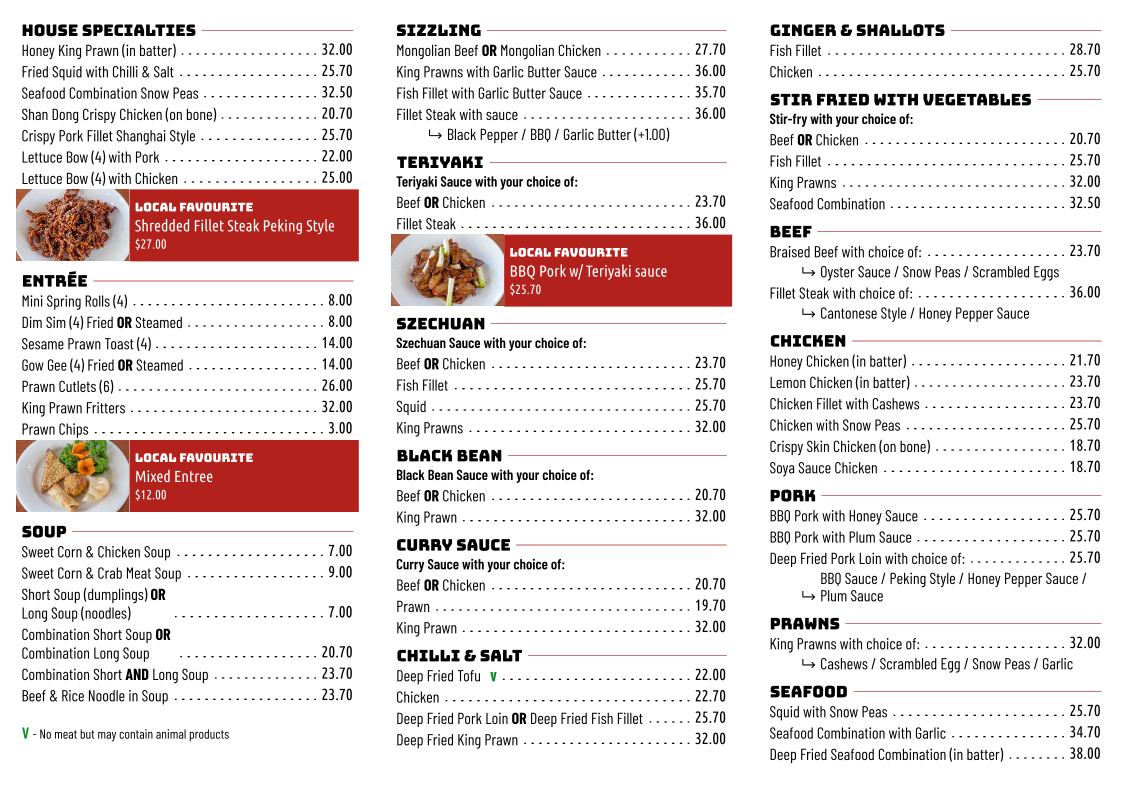 Menu, Southpoint Chinese Restaurant