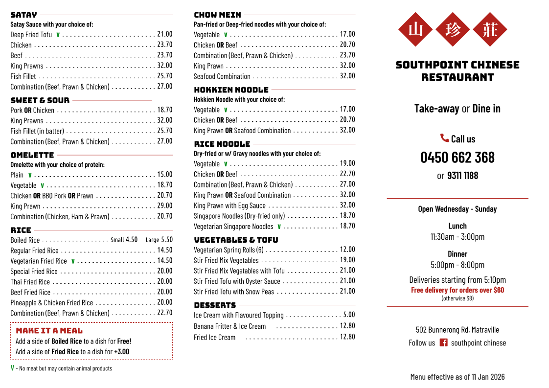 Menu, Southpoint Chinese Restaurant