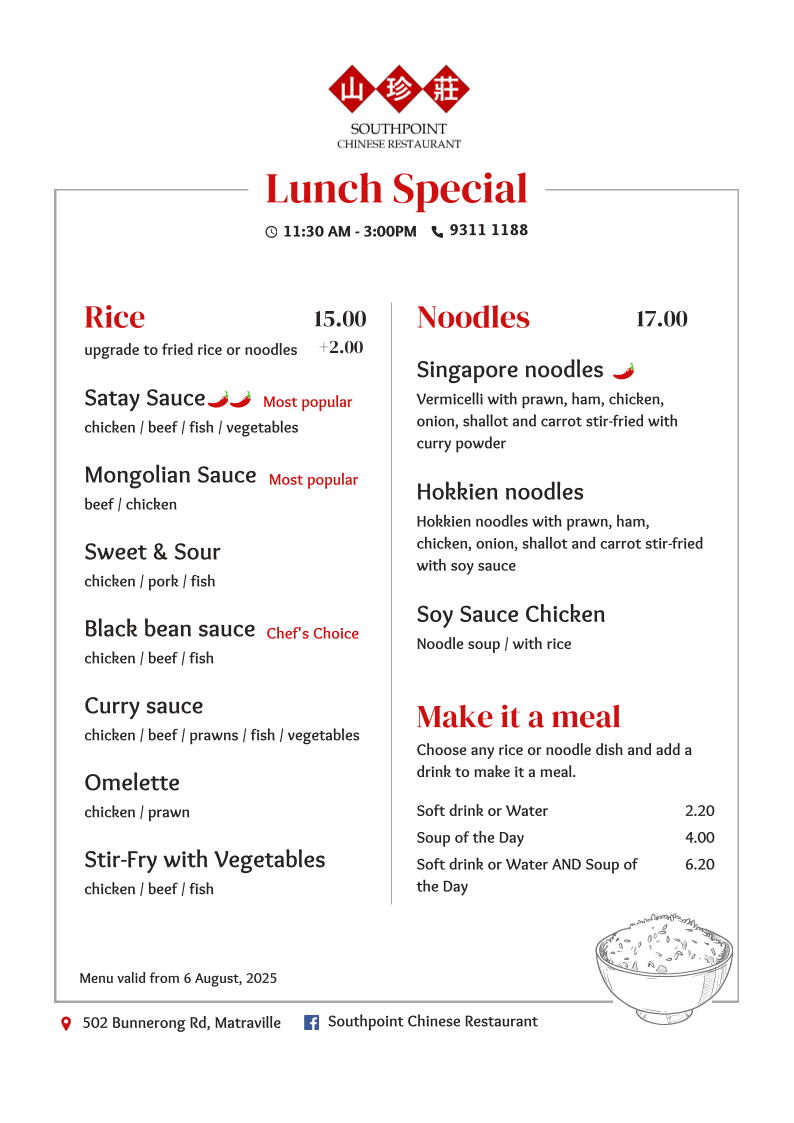 Menu, Southpoint Chinese Restaurant