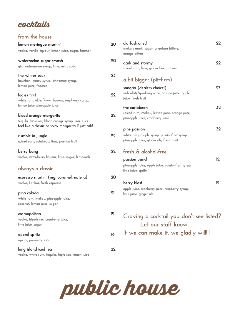 Menu, Public House