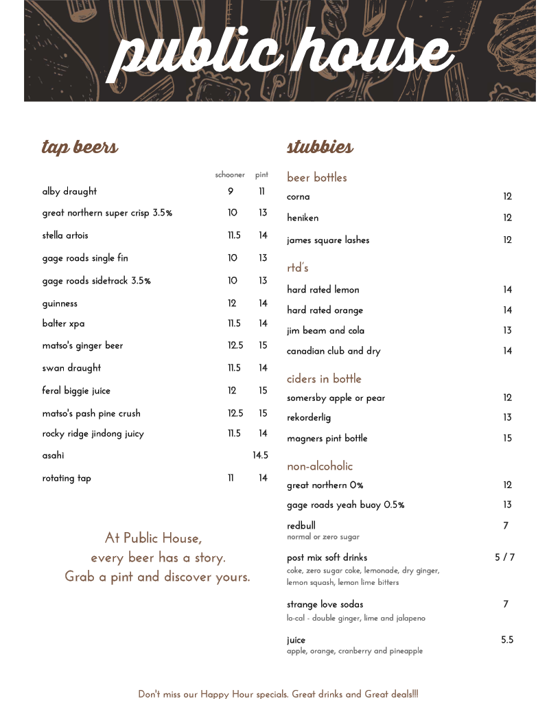 Menu, Public House