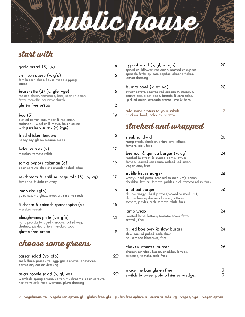 Menu, Public House