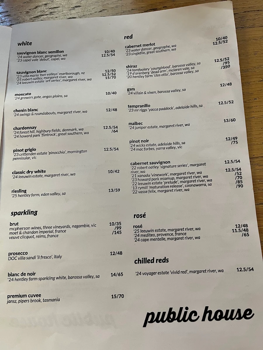 Menu, Public House