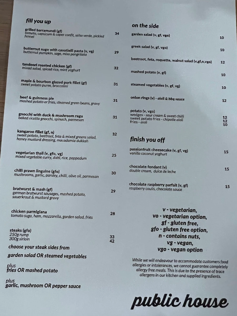 Menu, Public House