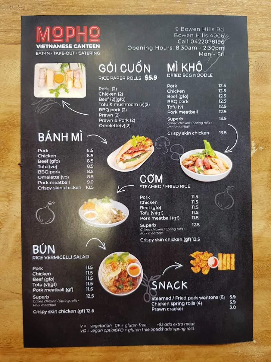 Menu, Mo'Pho Vietnamese Canteen