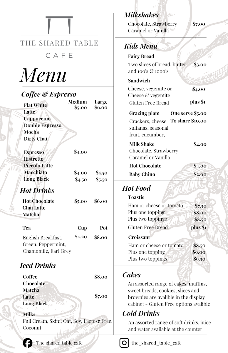 Menu, The Shared Table Cafe