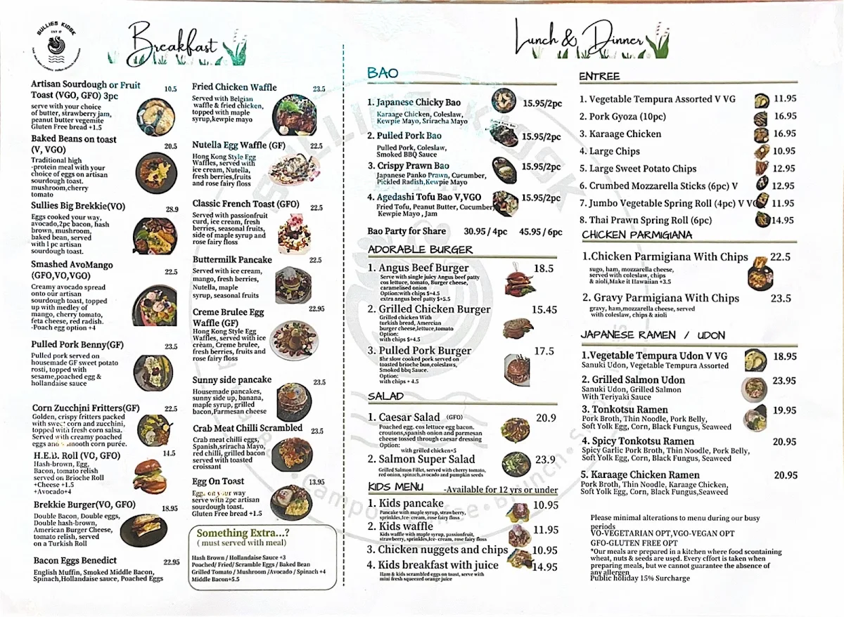 Menu, Sullies Kiosk