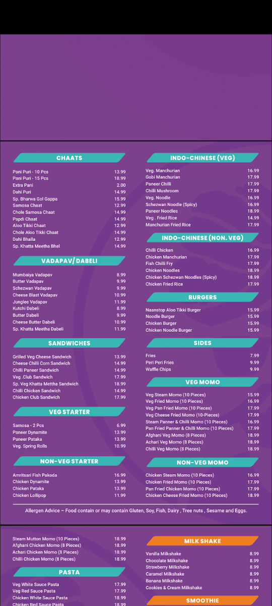 Menu, Khatta Meetha by NaanStop