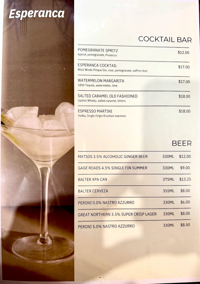 Menu, Esperanca cafe