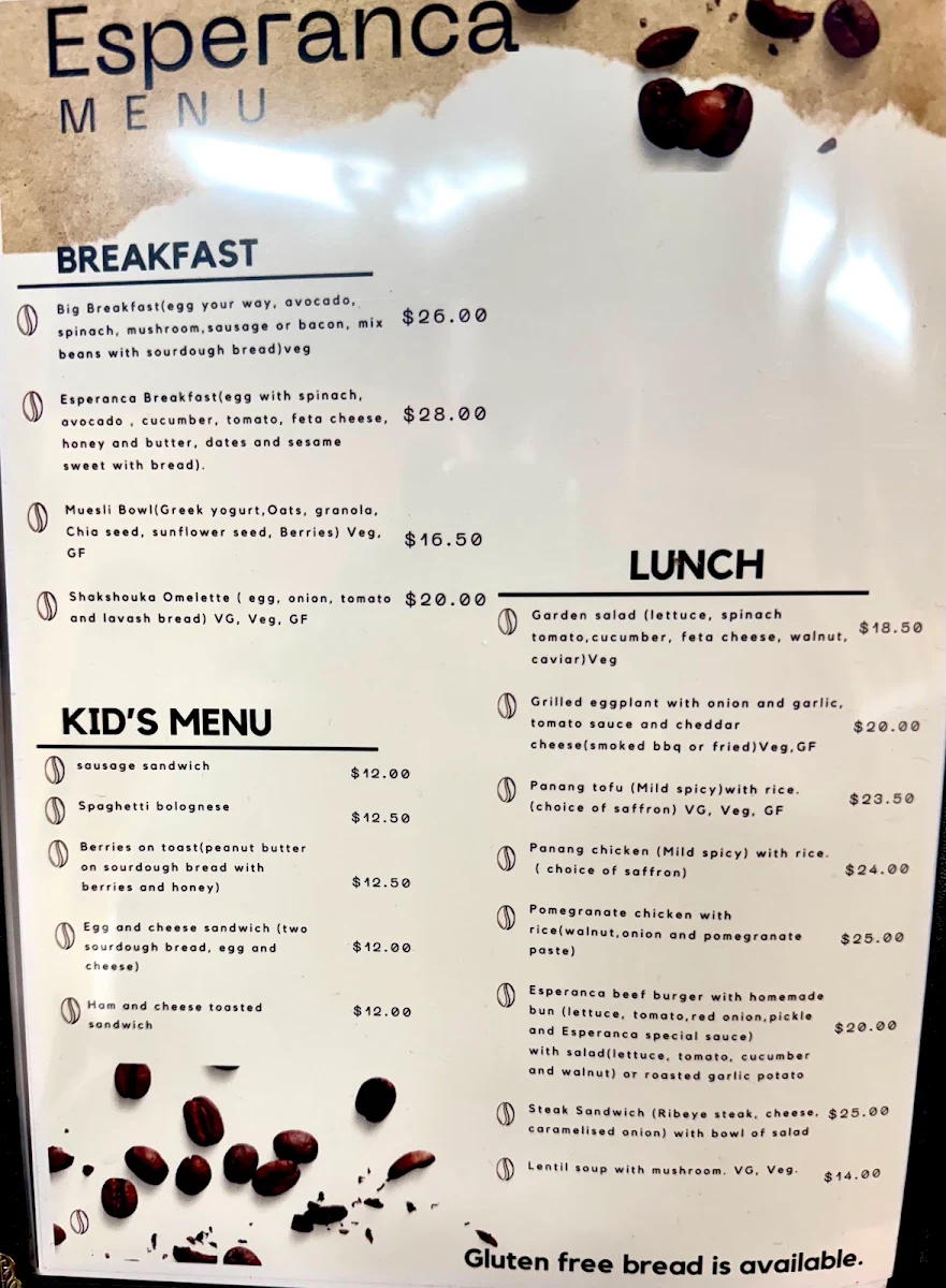 Menu, Esperanca cafe